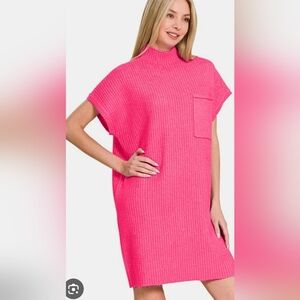 Zenana New In Poly Bag Vibrant Pink Mock Neck Ribbed Knit Dress M:Bust 37-38 in